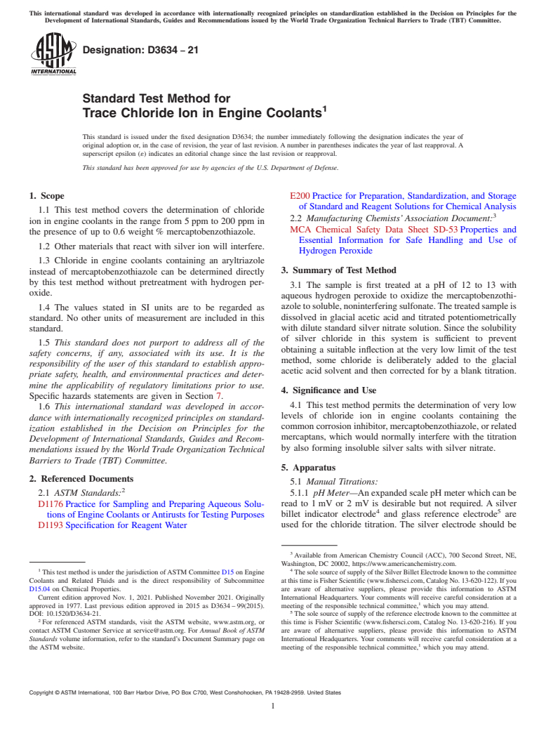 ASTM D3634-21 - Standard Test Method for Trace Chloride Ion in Engine Coolants