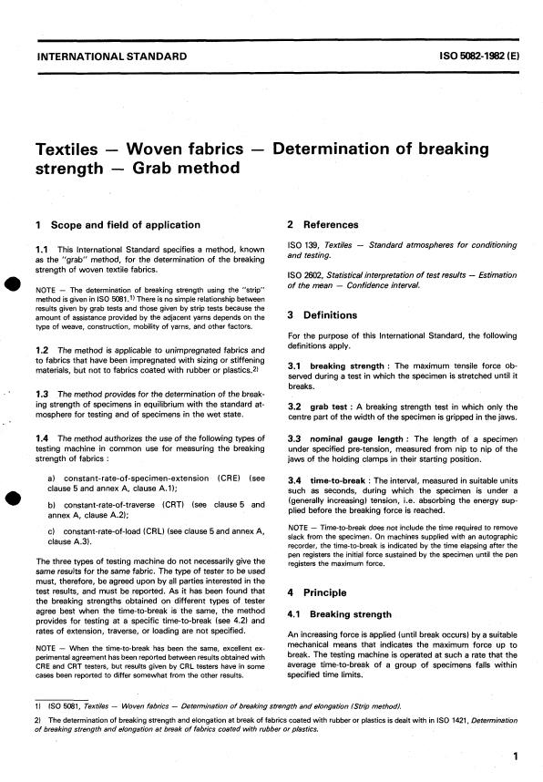 ISO 5082:1982 - Textiles -- Woven fabrics -- Determination of breaking strength -- Grab method