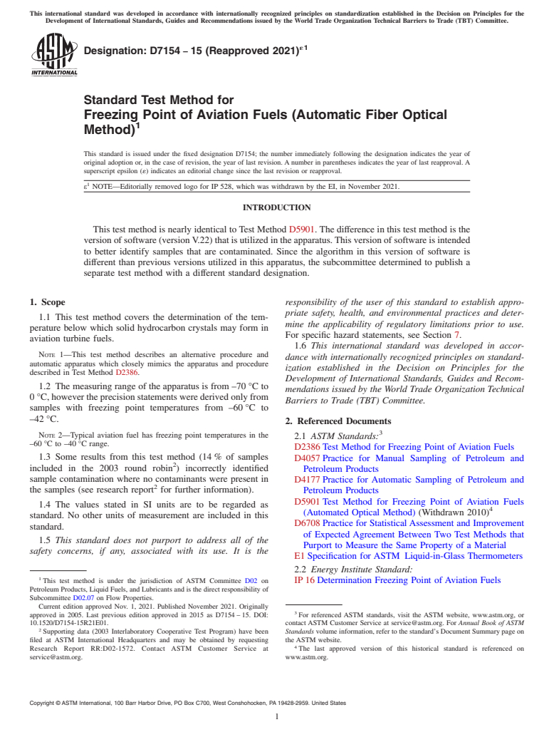 ASTM D7154-15(2021)e1 - Standard Test Method for  Freezing Point of Aviation Fuels (Automatic Fiber Optical Method)