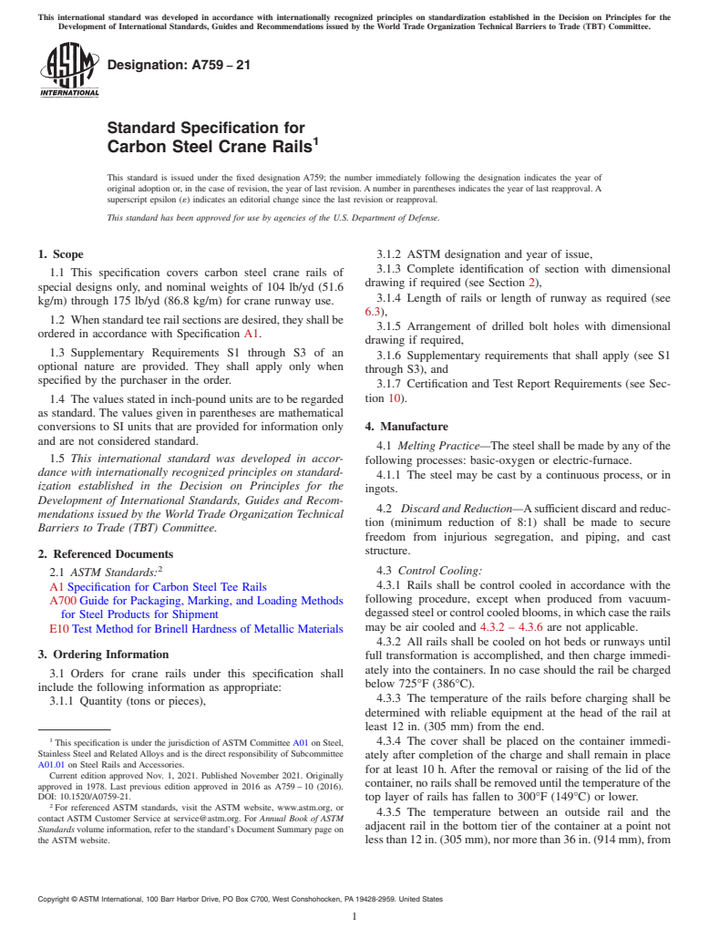 ASTM A759-21 - Standard Specification for  Carbon Steel Crane Rails