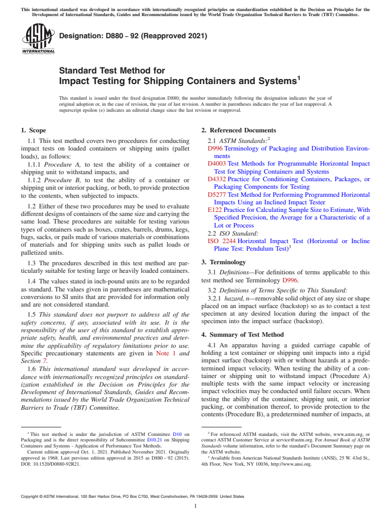 ASTM D880-92(2021) - Standard Test Method for Impact Testing for Shipping Containers and Systems