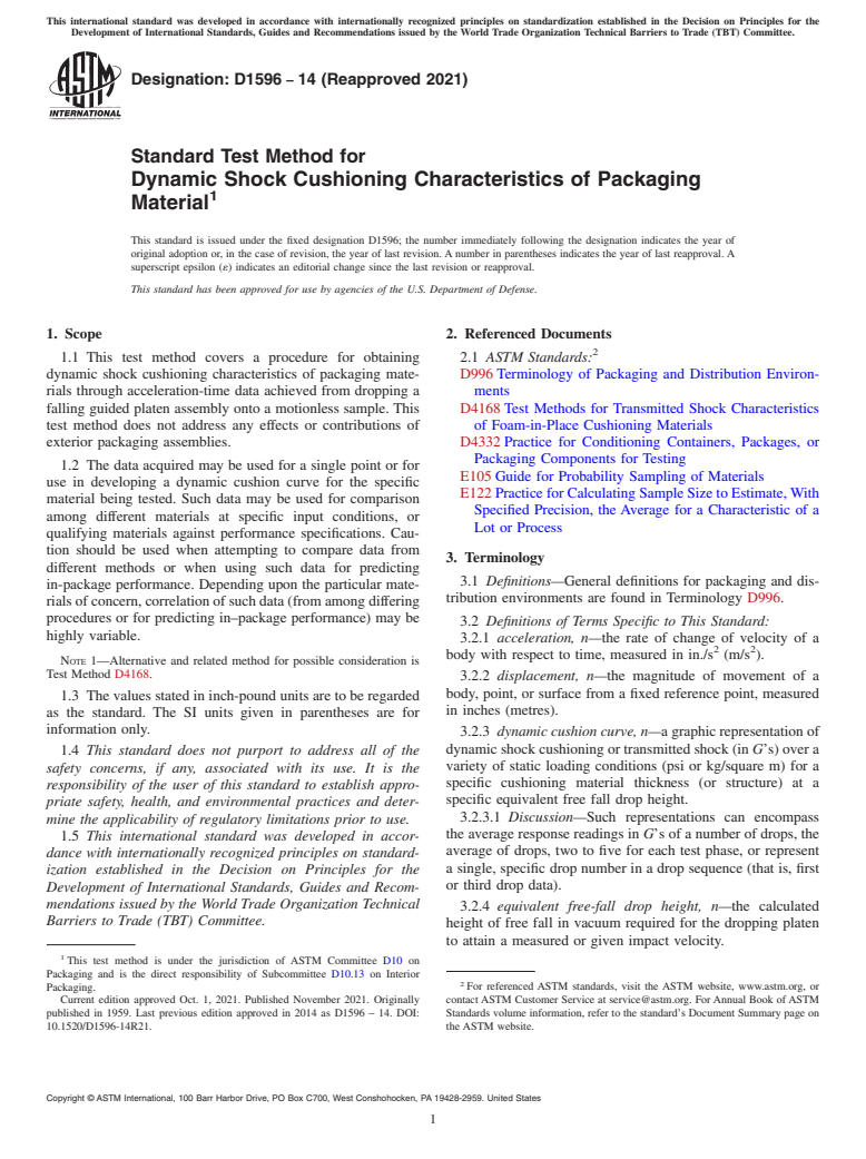 ASTM D1596-14(2021) - Standard Test Method for  Dynamic Shock Cushioning Characteristics of Packaging Material