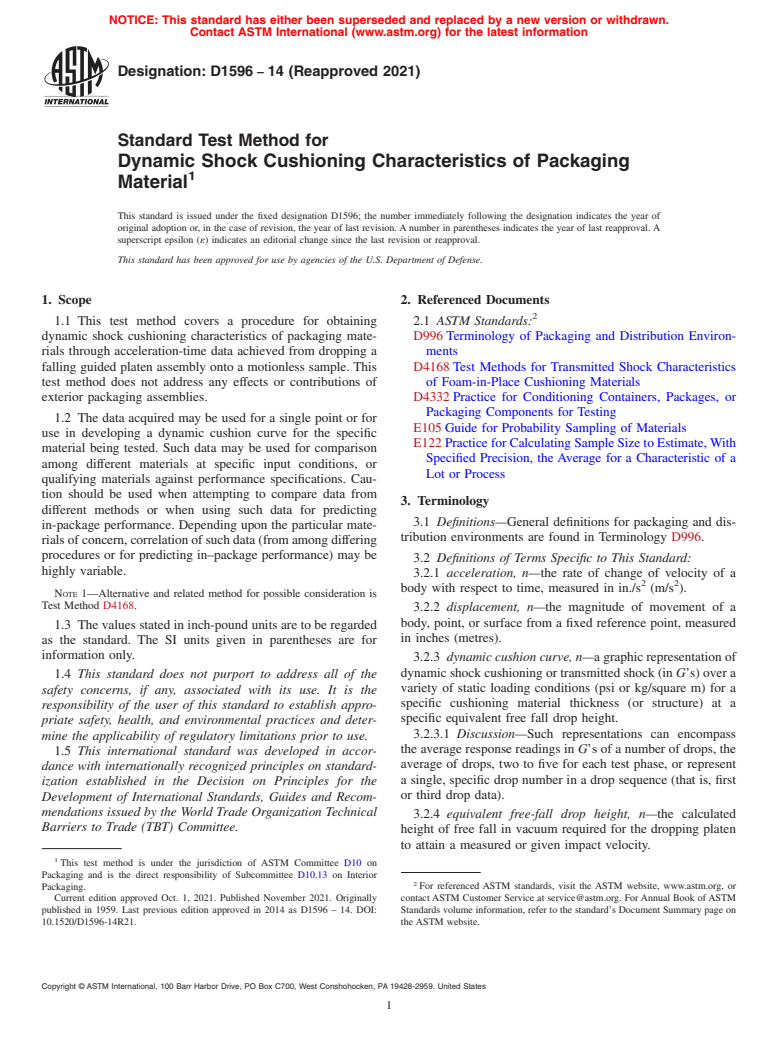 ASTM D1596-14(2021) - Standard Test Method for  Dynamic Shock Cushioning Characteristics of Packaging Material