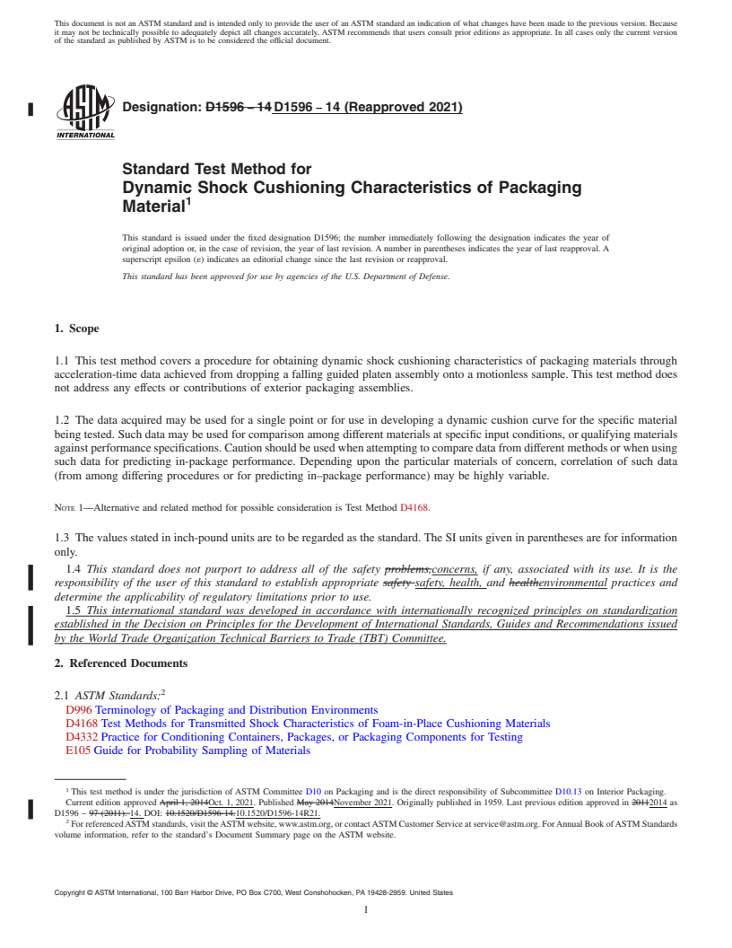 REDLINE ASTM D1596-14(2021) - Standard Test Method for  Dynamic Shock Cushioning Characteristics of Packaging Material