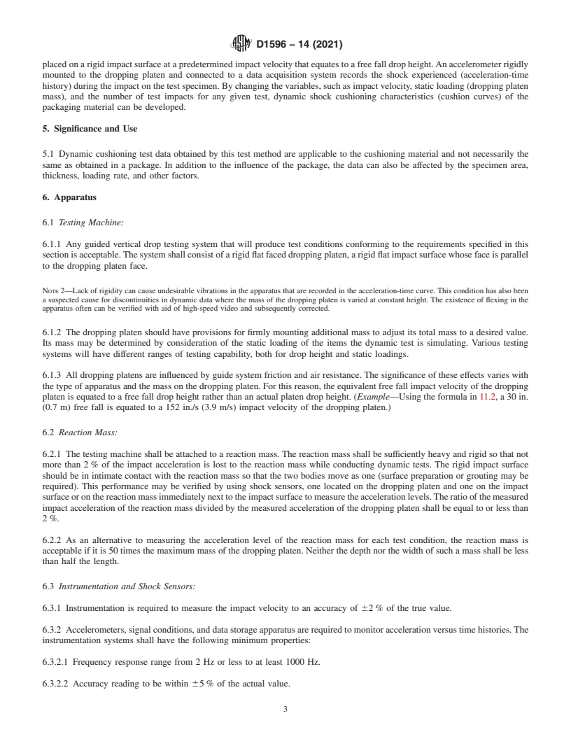 REDLINE ASTM D1596-14(2021) - Standard Test Method for  Dynamic Shock Cushioning Characteristics of Packaging Material