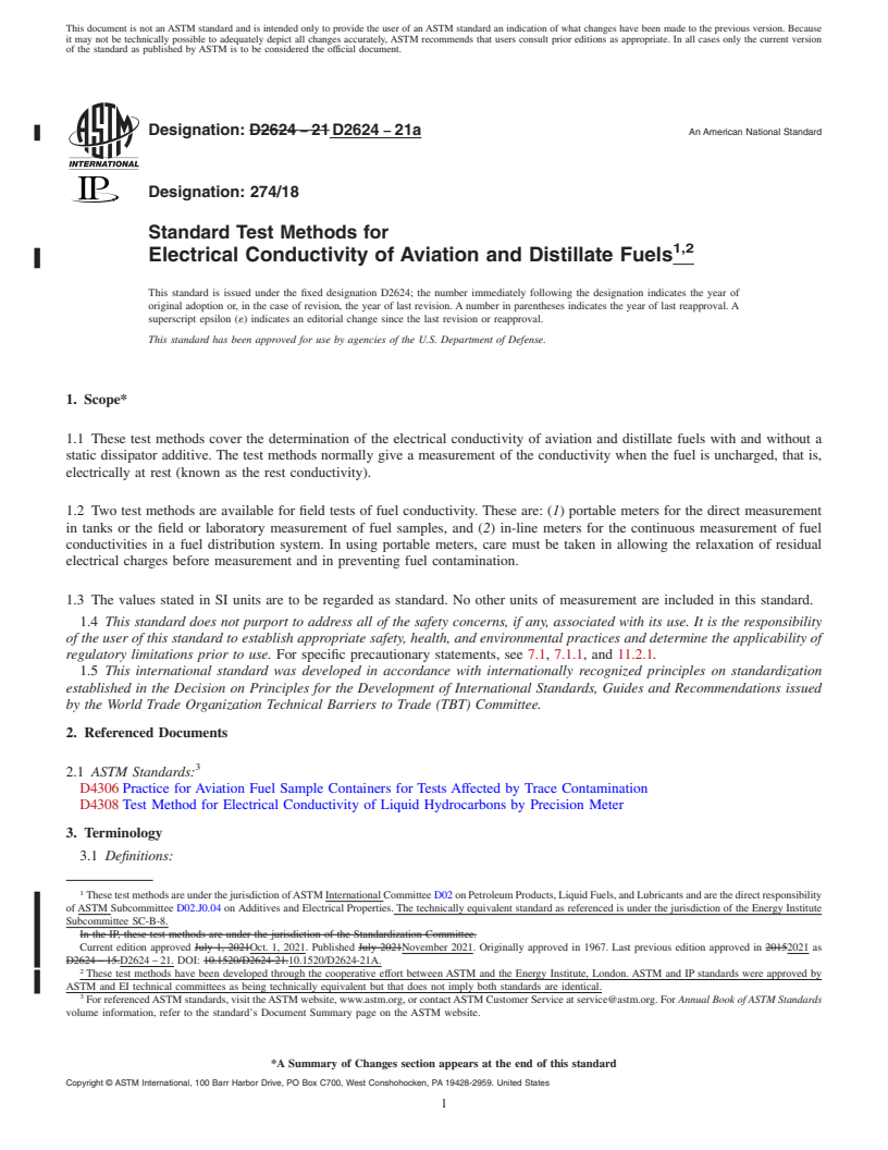 REDLINE ASTM D2624-21a - Standard Test Methods for  Electrical Conductivity of Aviation and Distillate Fuels