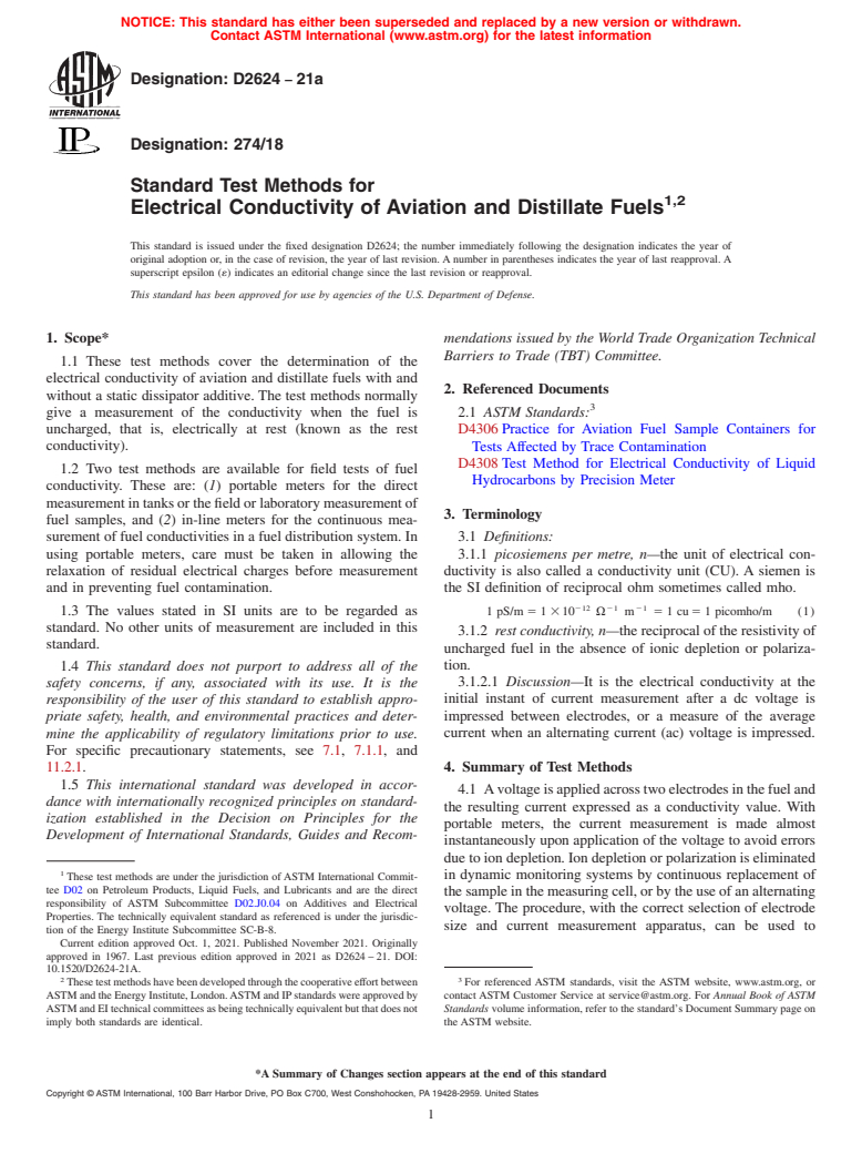 ASTM D2624-21a - Standard Test Methods for  Electrical Conductivity of Aviation and Distillate Fuels