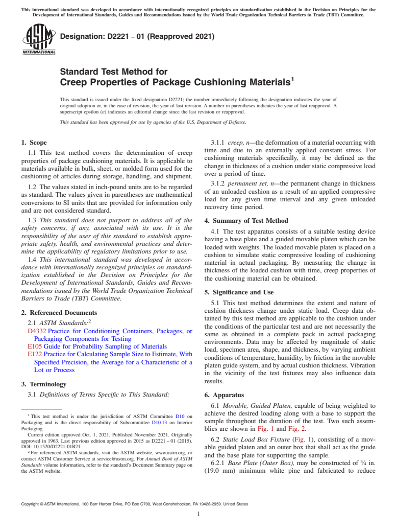 ASTM D2221-01(2021) - Standard Test Method for Creep Properties of Package Cushioning Materials