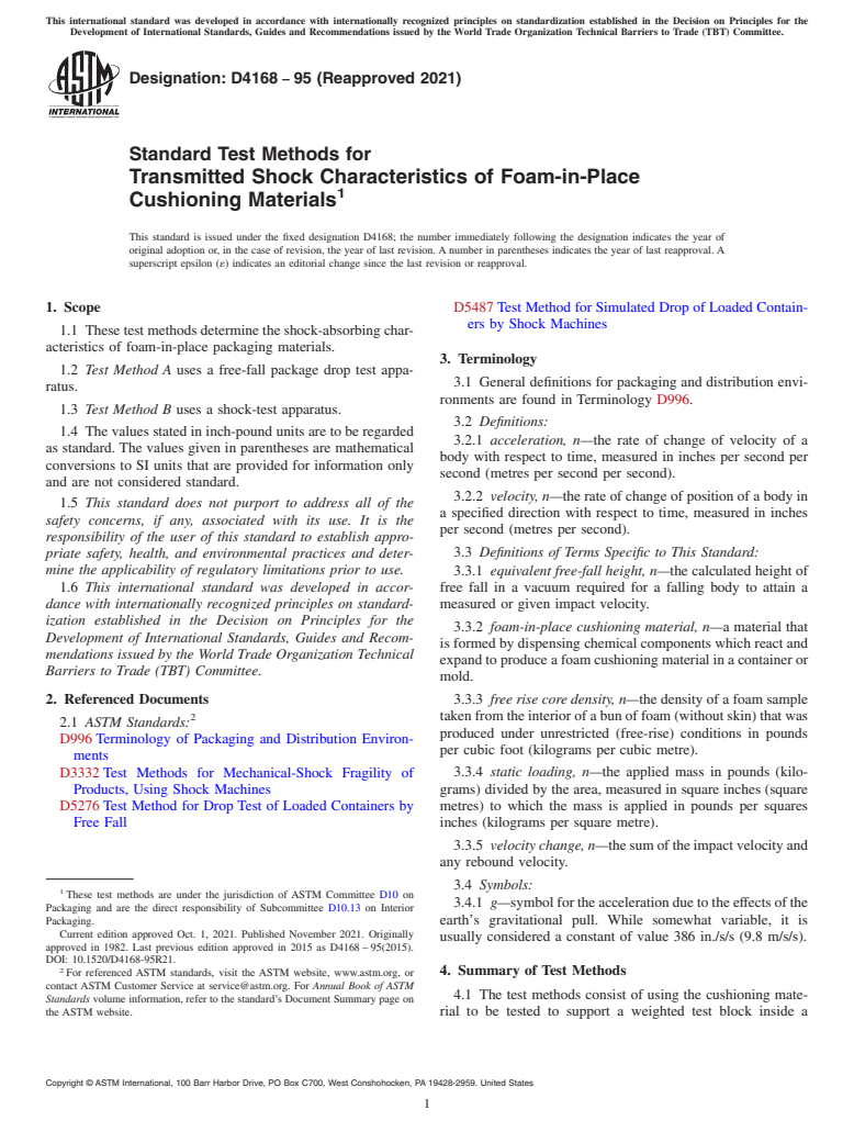 ASTM D4168-95(2021) - Standard Test Methods for Transmitted Shock Characteristics of Foam-in-Place Cushioning  Materials