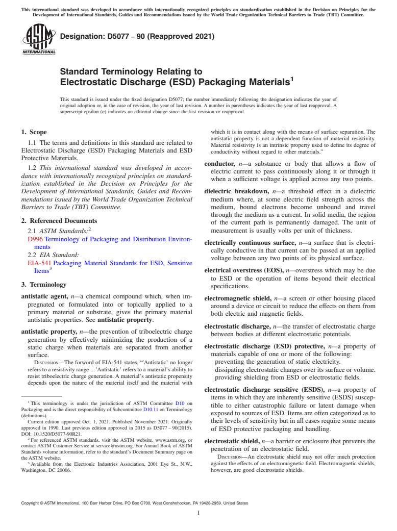 ASTM D5077-90(2021) - Standard Terminology Relating to  Electrostatic Discharge (ESD) Packaging Materials