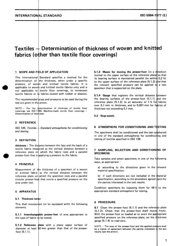 ISO 5084:1977 - Textiles -- Determination of thickness of woven and knitted fabrics (other than textile floor coverings)