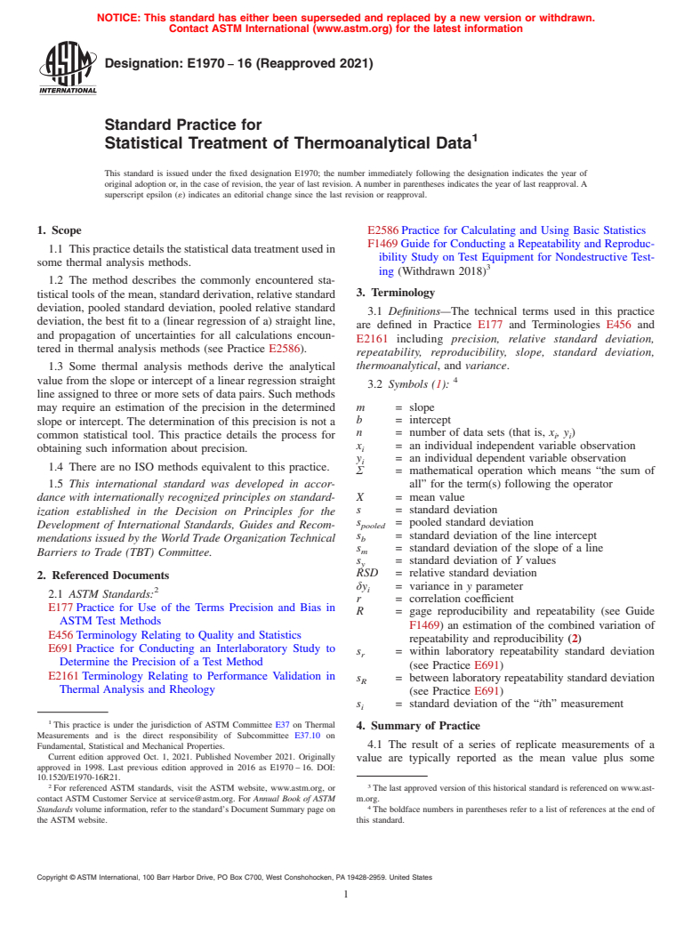 ASTM E1970-16(2021) - Standard Practice for  Statistical Treatment of Thermoanalytical Data