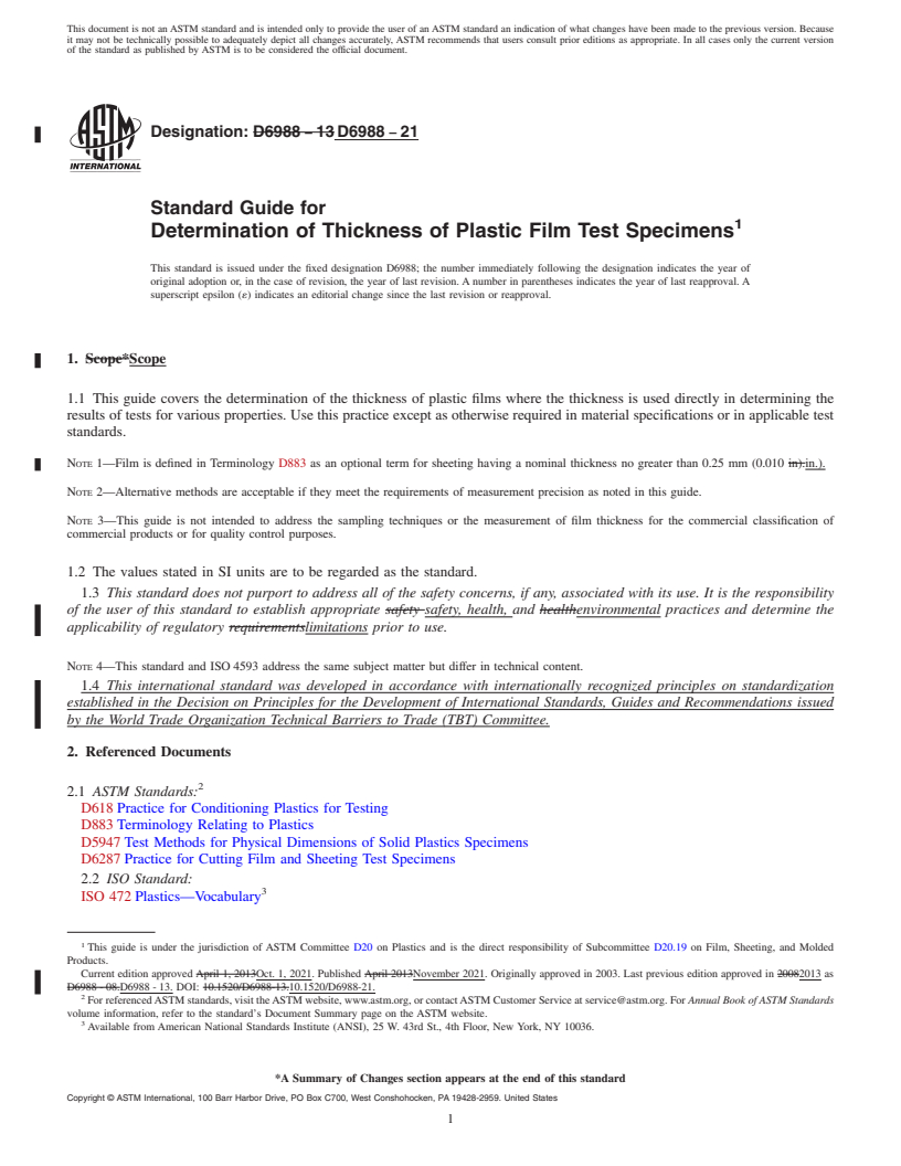 REDLINE ASTM D6988-21 - Standard Guide for  Determination of Thickness of Plastic Film Test Specimens