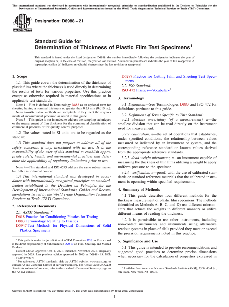 ASTM D6988-21 - Standard Guide for  Determination of Thickness of Plastic Film Test Specimens