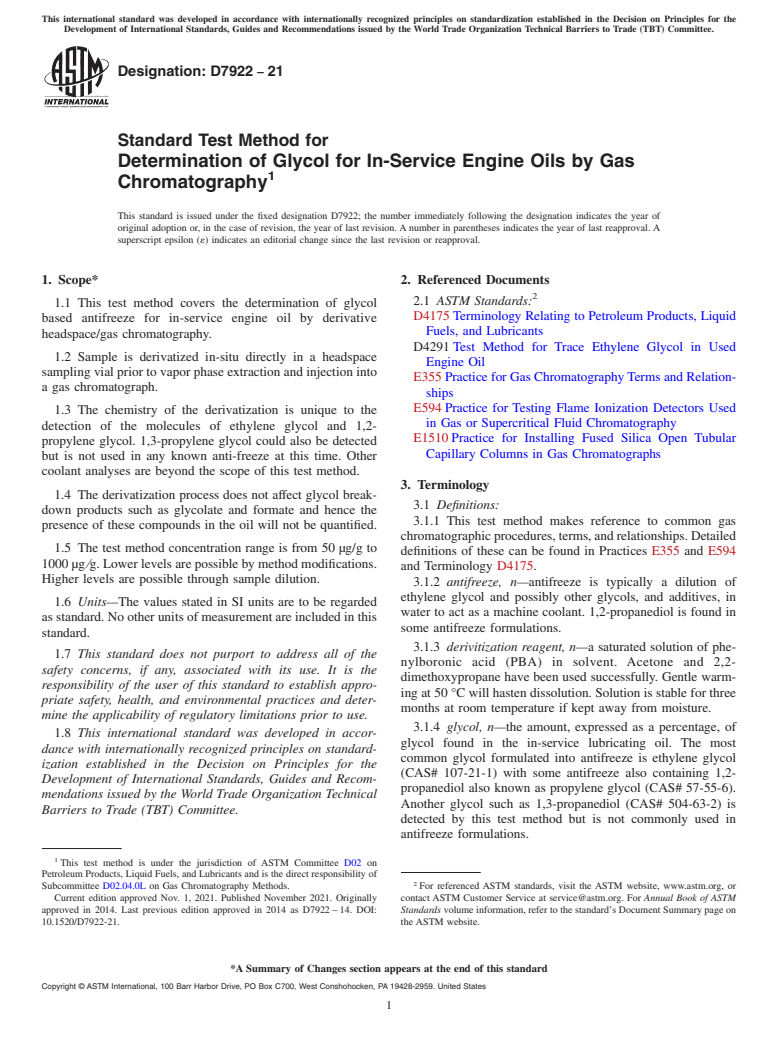 ASTM D7922-21 - Standard Test Method for Determination of  Glycol for In-Service Engine Oils by Gas  Chromatography