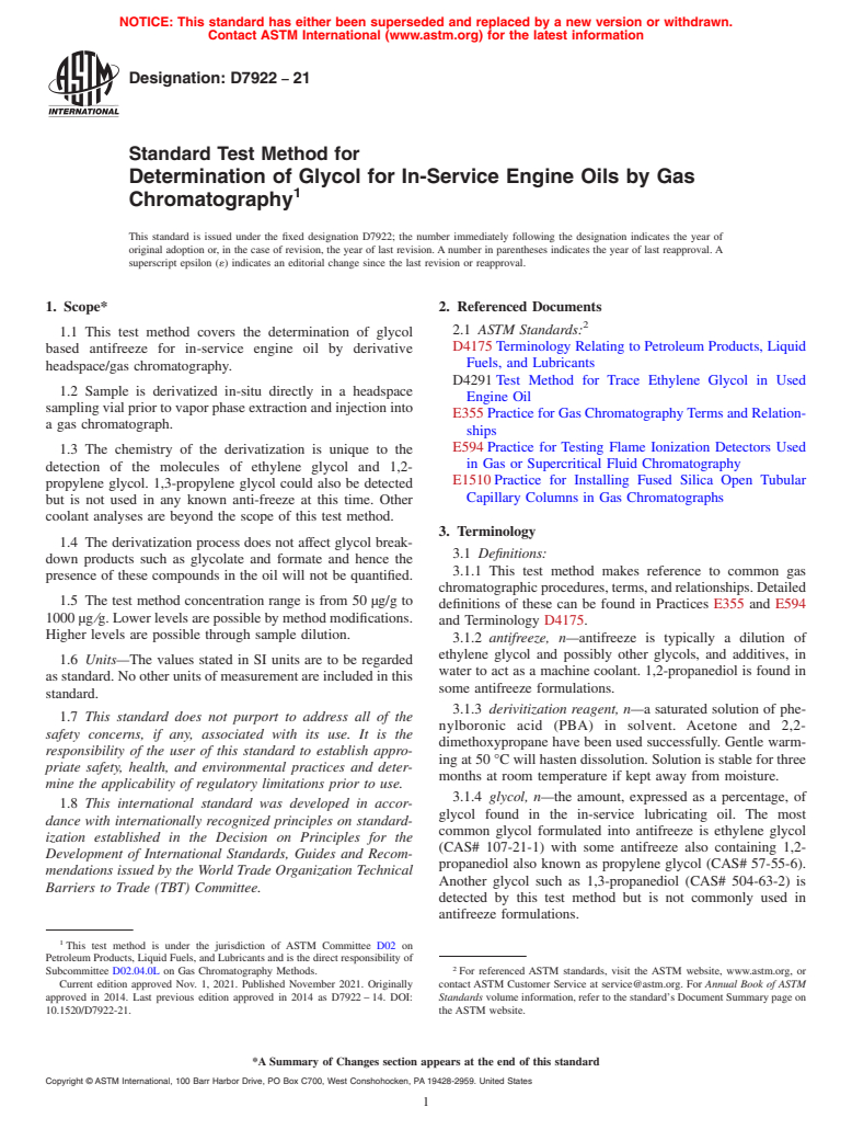 ASTM D7922-21 - Standard Test Method for Determination of  Glycol for In-Service Engine Oils by Gas  Chromatography