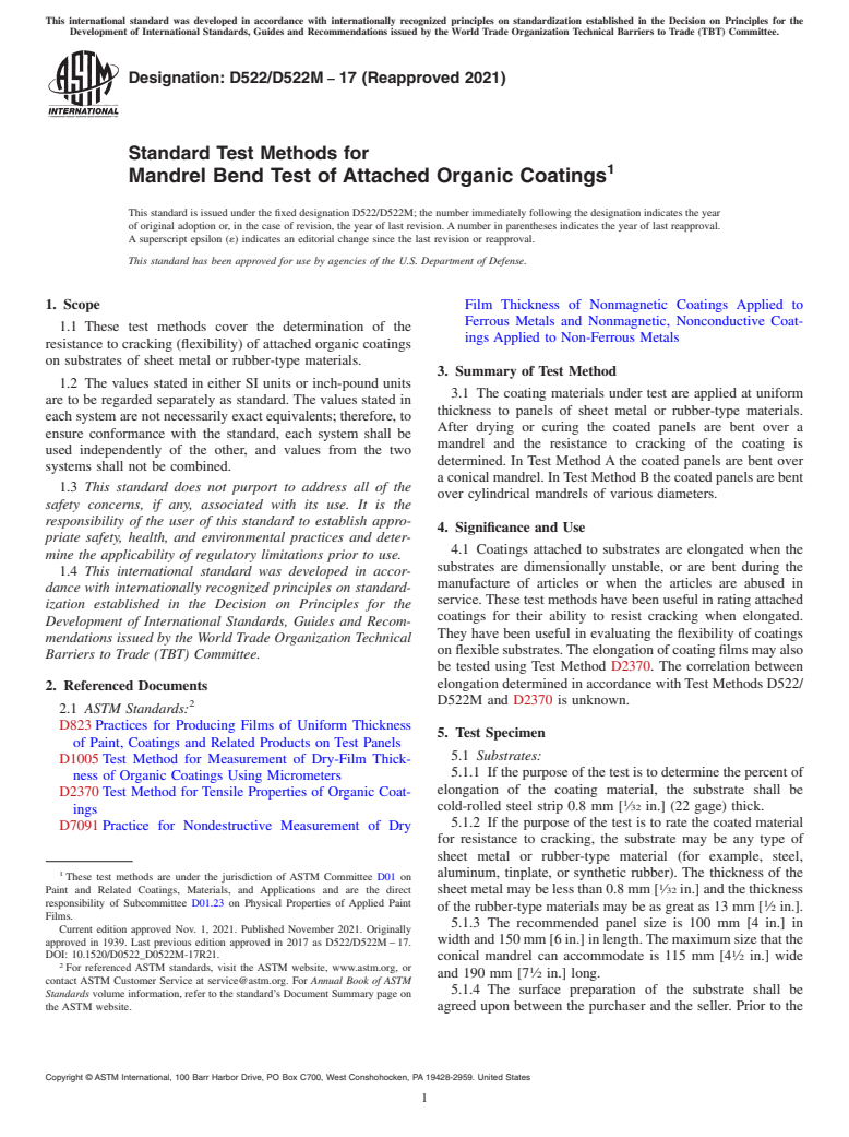 ASTM D522/D522M-17(2021) - Standard Test Methods for Mandrel Bend Test of Attached Organic Coatings