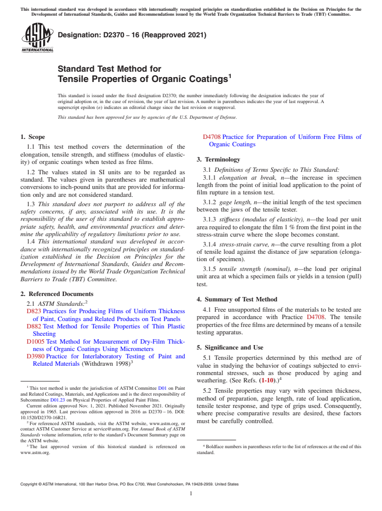 ASTM D2370-16(2021) - Standard Test Method for Tensile Properties of Organic Coatings