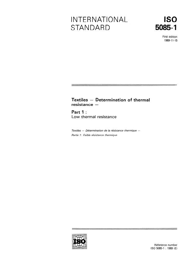 ISO 5085-1:1989 - Textiles -- Determination of thermal resistance