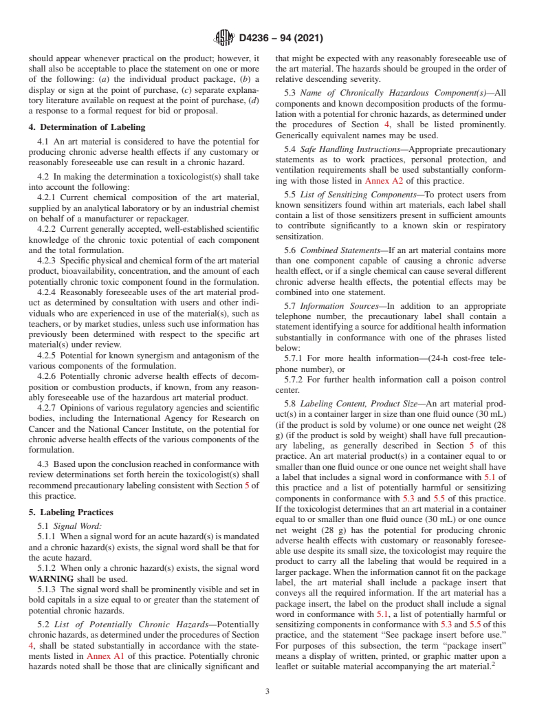 ASTM D4236-94(2021) - Standard Practice for Labeling Art Materials for Chronic Health Hazards