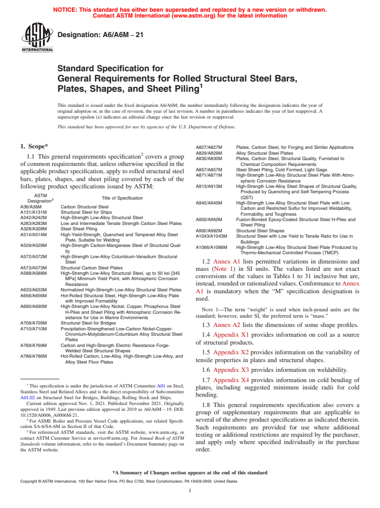 ASTM A6/A6M-21 - Standard Specification for  General Requirements for Rolled Structural Steel Bars, Plates,  Shapes, and Sheet Piling