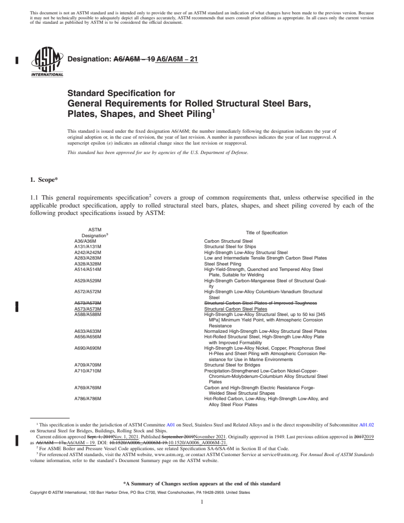 REDLINE ASTM A6/A6M-21 - Standard Specification for  General Requirements for Rolled Structural Steel Bars, Plates,  Shapes, and Sheet Piling