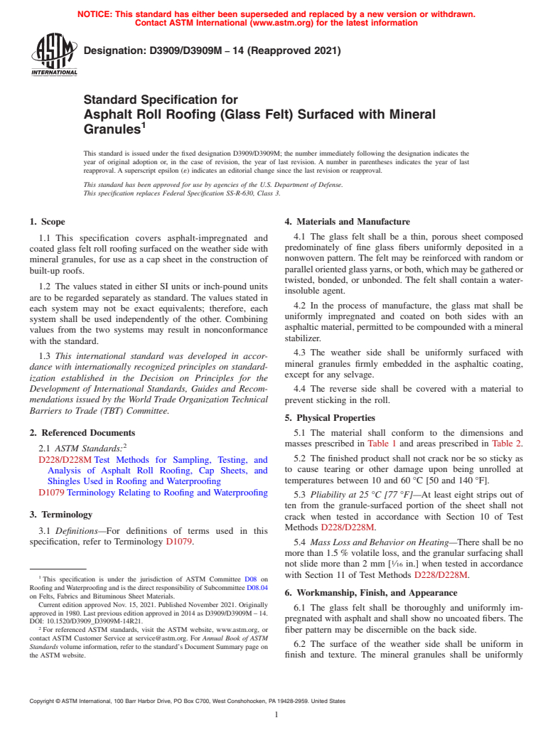 ASTM D3909/D3909M-14(2021) - Standard Specification for Asphalt Roll Roofing (Glass Felt) Surfaced with Mineral Granules