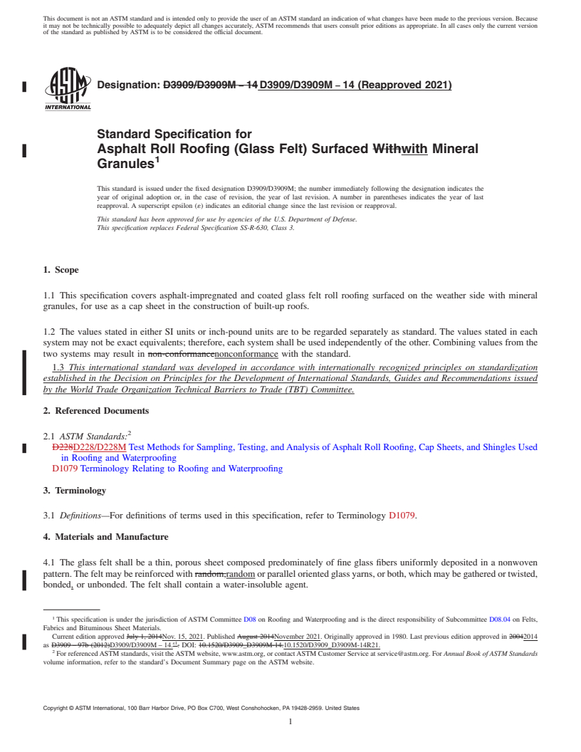 REDLINE ASTM D3909/D3909M-14(2021) - Standard Specification for Asphalt Roll Roofing (Glass Felt) Surfaced with Mineral Granules