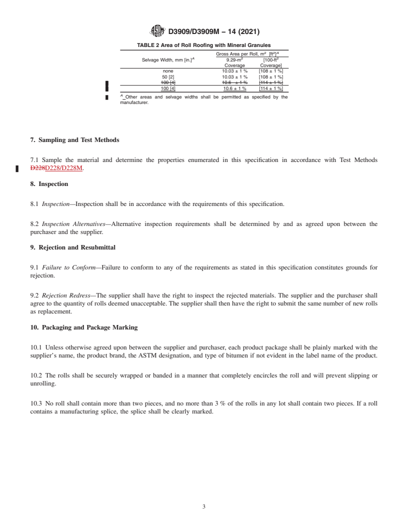 REDLINE ASTM D3909/D3909M-14(2021) - Standard Specification for Asphalt Roll Roofing (Glass Felt) Surfaced with Mineral Granules