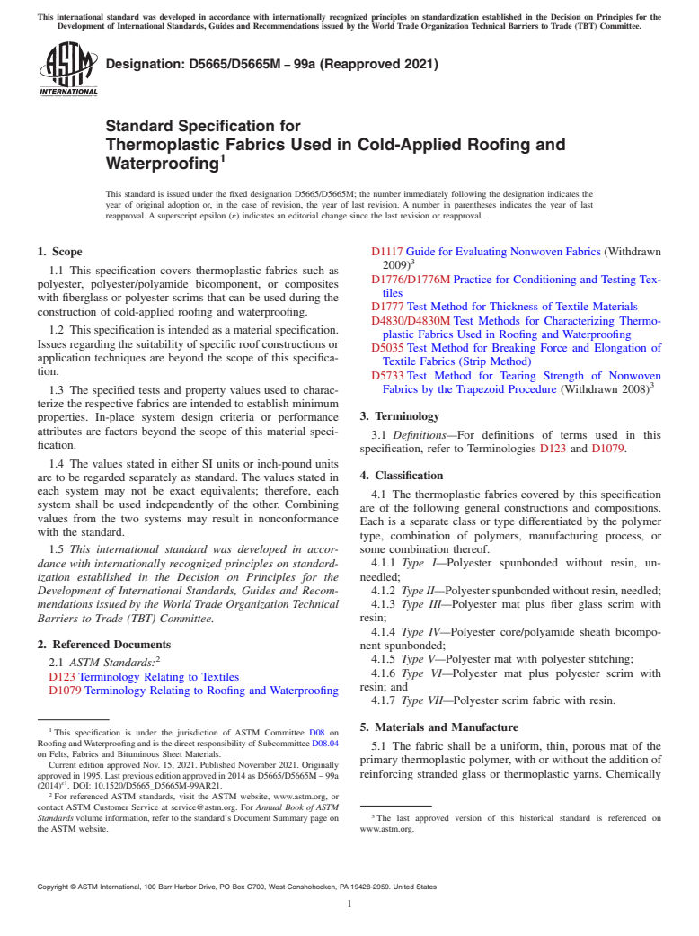 ASTM D5665/D5665M-99a(2021) - Standard Specification for Thermoplastic Fabrics Used in Cold-Applied Roofing and Waterproofing