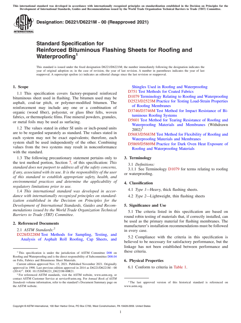 ASTM D6221/D6221M-00(2021) - Standard Specification for Reinforced Bituminous Flashing Sheets for Roofing and Waterproofing