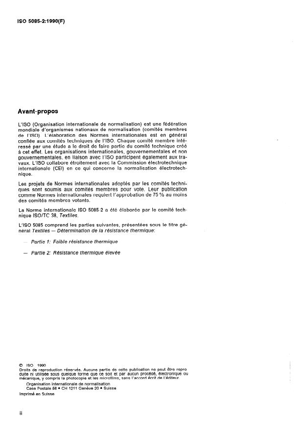 ISO 5085-2:1990 ISO 5085-2:1990 - Textiles -- Détermination de la résistance thermique - Page 2 preview