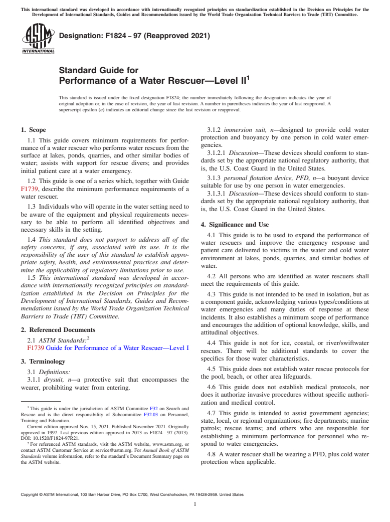 ASTM F1824-97(2021) - Standard Guide for Performance of a Water Rescuer—Level II