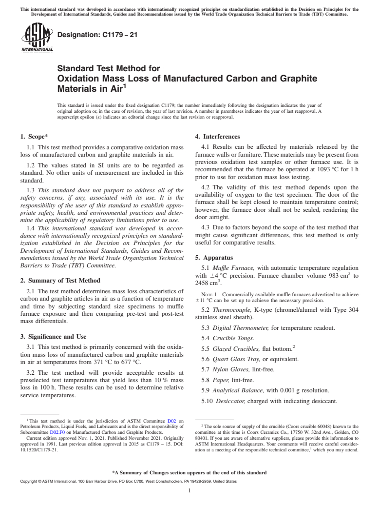 ASTM C1179-21 - Standard Test Method for  Oxidation Mass Loss of Manufactured Carbon and Graphite Materials  in Air