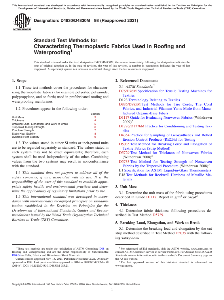 ASTM D4830/D4830M-98(2021) - Standard Test Methods for Characterizing Thermoplastic Fabrics Used in Roofing and Waterproofing