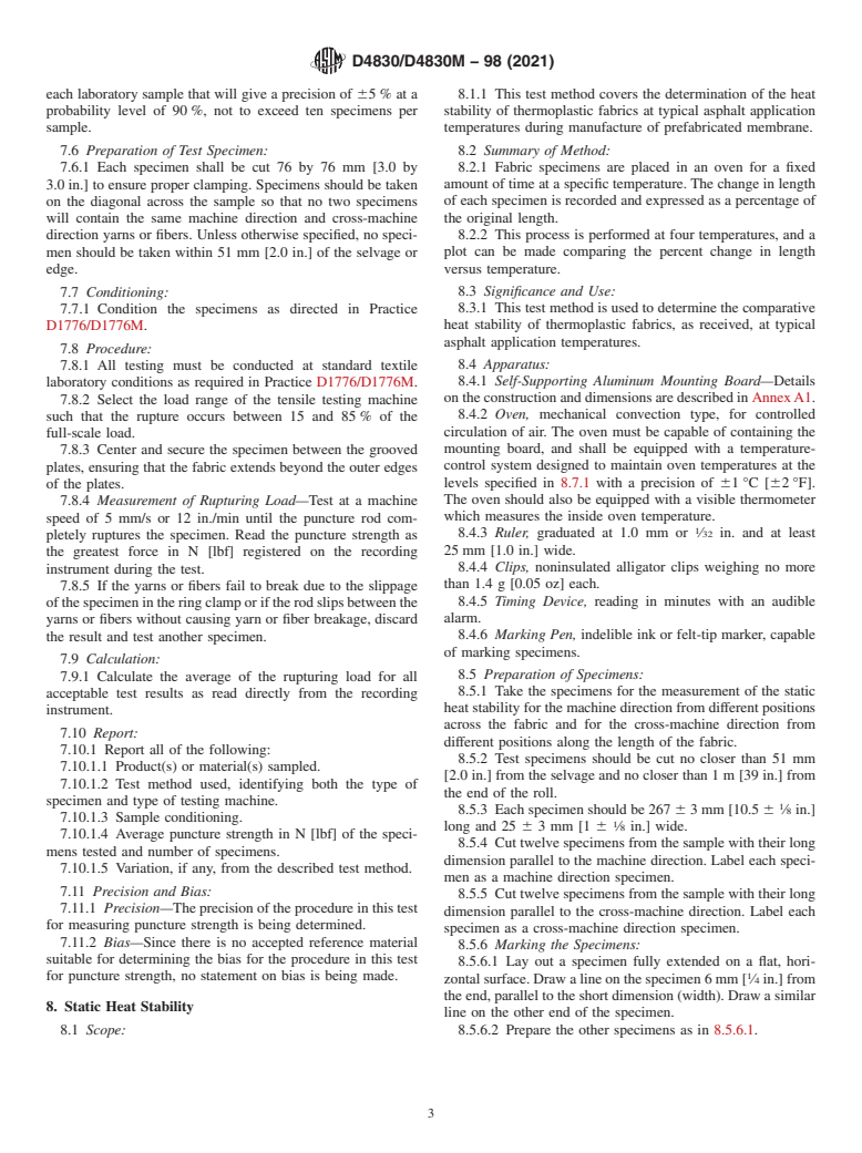 ASTM D4830/D4830M-98(2021) - Standard Test Methods for Characterizing Thermoplastic Fabrics Used in Roofing and Waterproofing