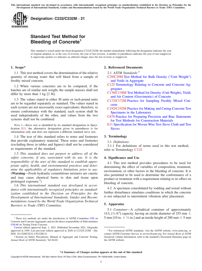 ASTM C232/C232M-21 - Standard Test Method for  Bleeding of Concrete
