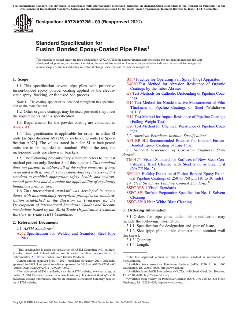 ASTM A972/A972M-00(2021) - Standard Specification for  Fusion Bonded Epoxy-Coated Pipe Piles