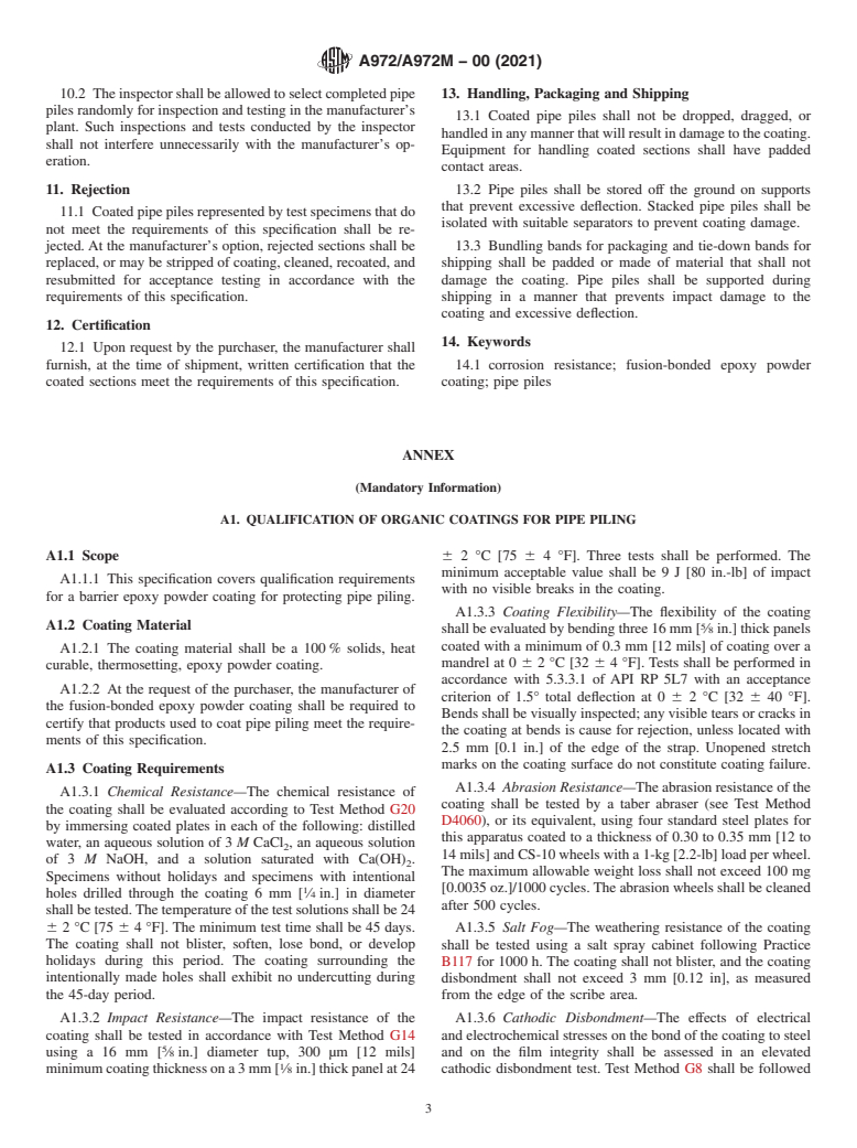 ASTM A972/A972M-00(2021) - Standard Specification for  Fusion Bonded Epoxy-Coated Pipe Piles