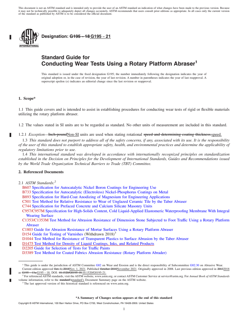 REDLINE ASTM G195-21 - Standard Guide for Conducting Wear Tests Using a Rotary Platform Abraser