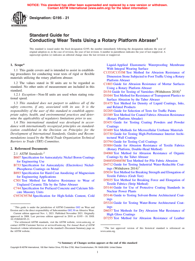 ASTM G195-21 - Standard Guide for Conducting Wear Tests Using a Rotary Platform Abraser