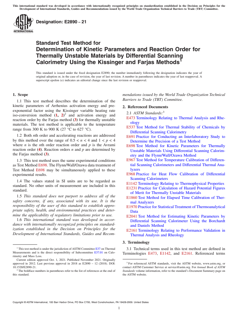ASTM E2890-21 - Standard Test Method for Determination of Kinetic Parameters and Reaction Order for Thermally Unstable Materials by Differential Scanning Calorimetry Using the Kissinger and Farjas Methods