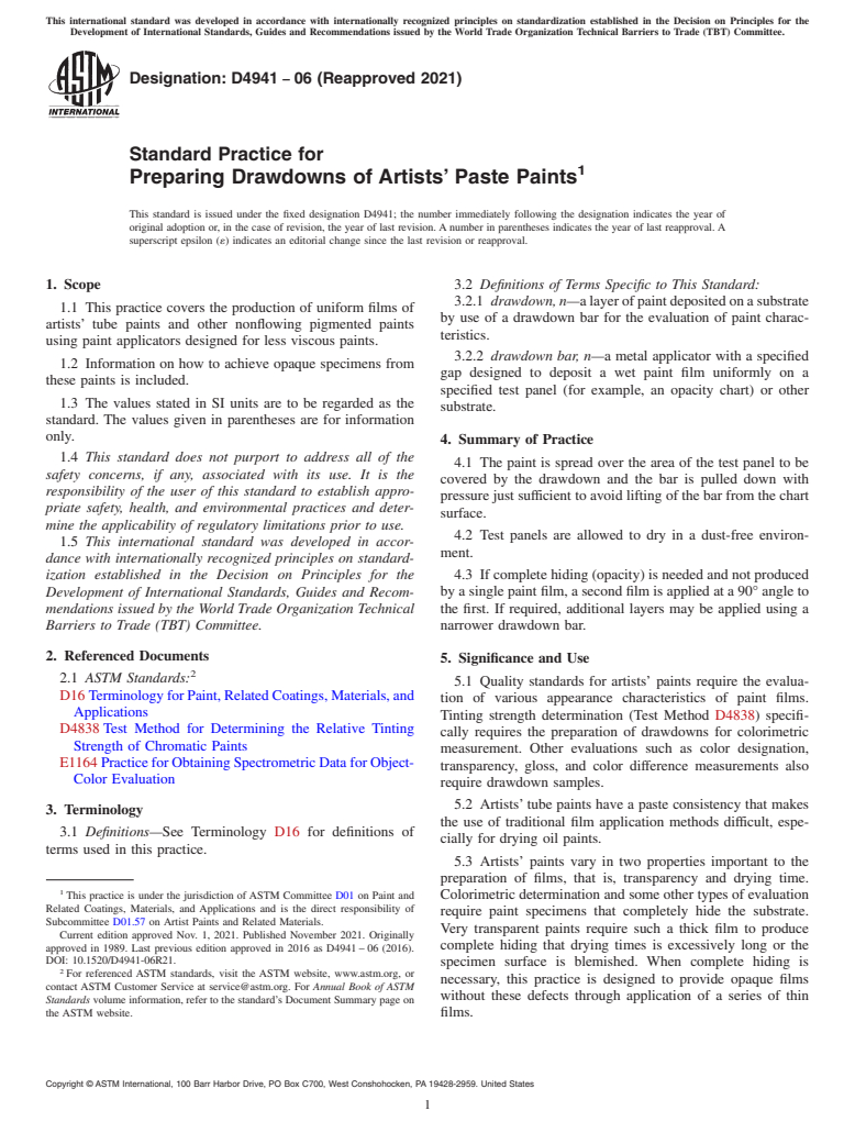 ASTM D4941-06(2021) - Standard Practice for Preparing Drawdowns of Artists’ Paste Paints