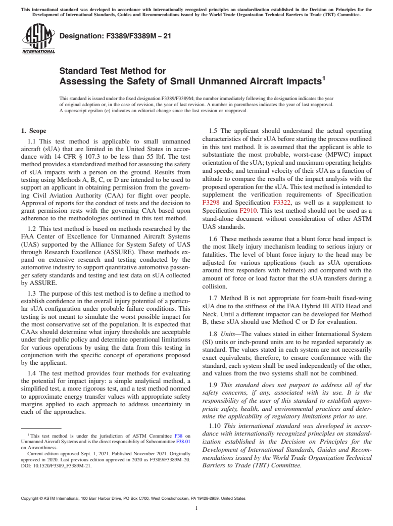 ASTM F3389/F3389M-21 - Standard Test Method for Assessing the Safety of Small Unmanned Aircraft Impacts