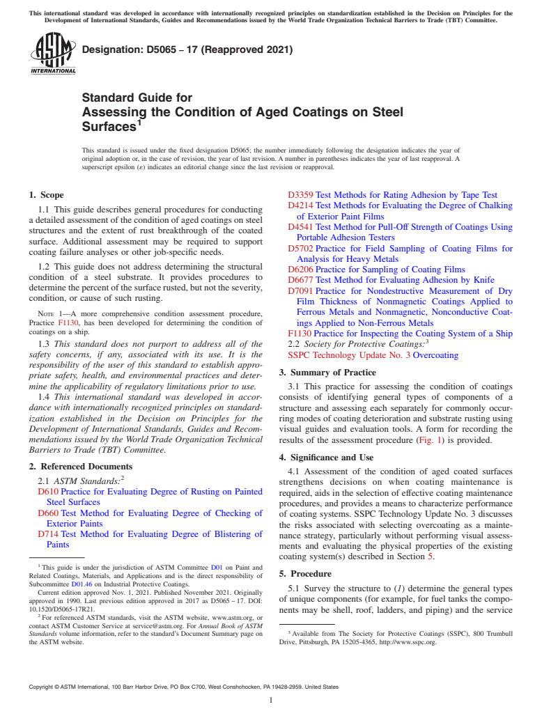ASTM D5065-17(2021) - Standard Guide for Assessing the Condition of Aged Coatings on Steel Surfaces