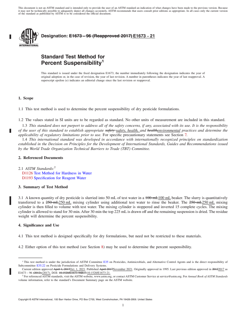 REDLINE ASTM E1673-21 - Standard Test Method for Percent Suspensibility