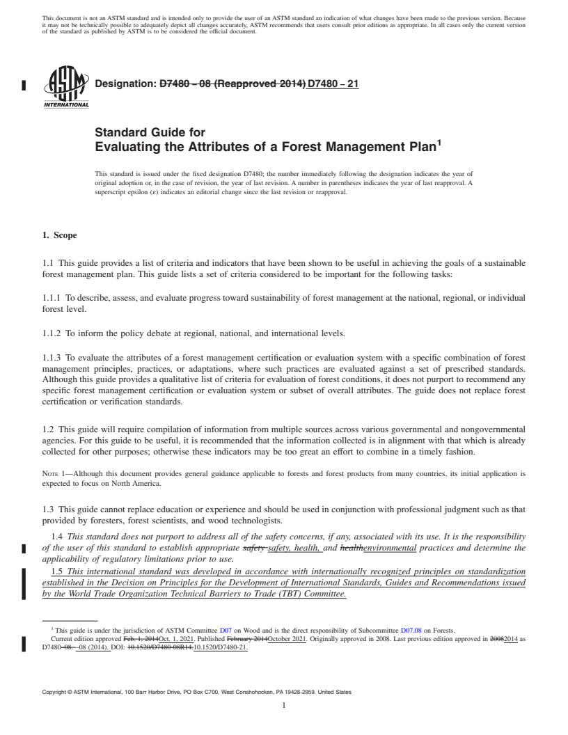 REDLINE ASTM D7480-21 - Standard Guide for  Evaluating the Attributes of a Forest Management Plan