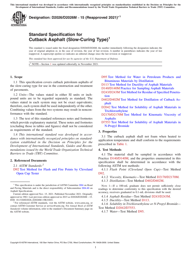 ASTM D2026/D2026M-15(2021)e1 - Standard Specification for Cutback Asphalt (Slow-Curing Type)