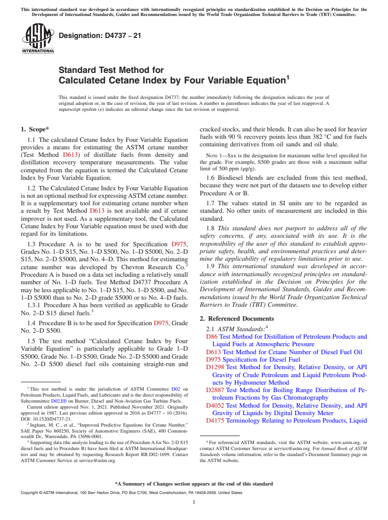 ASTM D4737-21 - Standard Test Method for  Calculated Cetane Index by Four Variable Equation