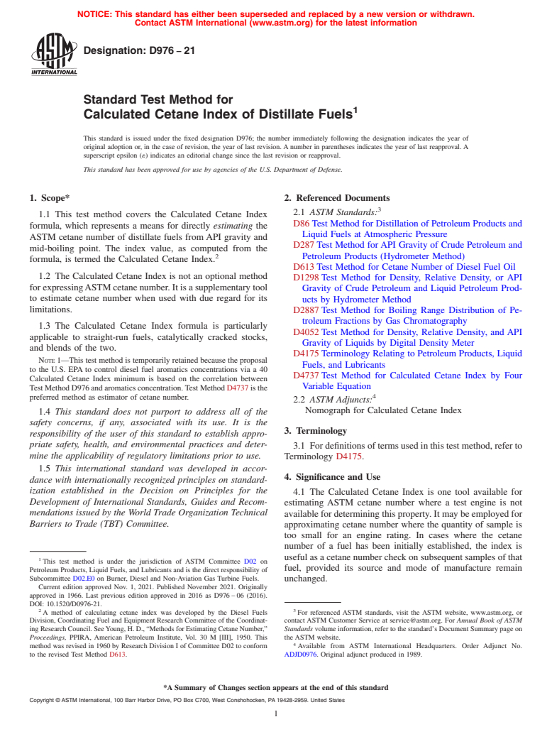 ASTM D976-21 - Standard Test Method for  Calculated Cetane Index of Distillate Fuels